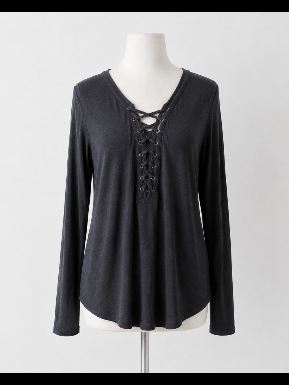 Lace-Up V-Neck Long Sleeve Tee - Black